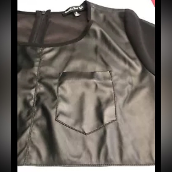 Black faux leather White chiffon TUNIC Hi Low Blouse Flowy Zip Back Pullover s/s - Picture 2 of 11